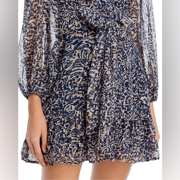 NWT Aqua Cocktail Dress Wrap Plunge Long sleeve Navy and Cream Animal Print - Picture 3 of 8